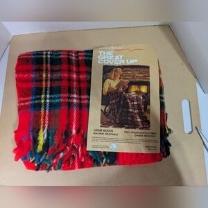 Vintage NOS Tennessee Wool Plaid Throw Lap Blanket Red Orange New 50x60